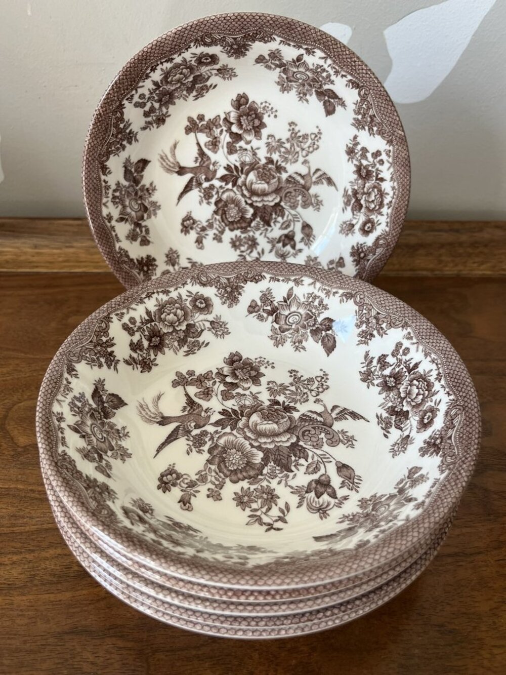 6 Royal Stafford Asiatic Pheasant Brown 6 7/8" Coupe Soup Cereal Bowls England
